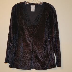 Carreau Black Velvet Blouse Lace Collar Button down Woman's Sz med